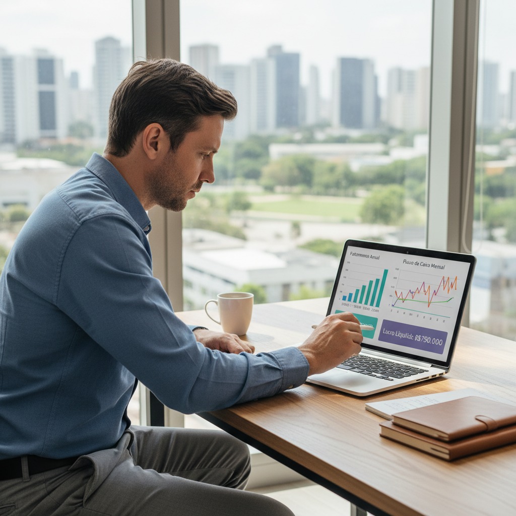 Dono de negócio analisando indicadores financeiros simples em um notebook, com gráficos de faturamento e fluxo de caixa.