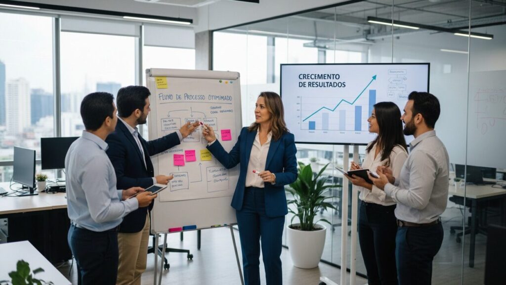 Consultor empresarial ajudando empresa a organizar processos e impulsionar resultados.
